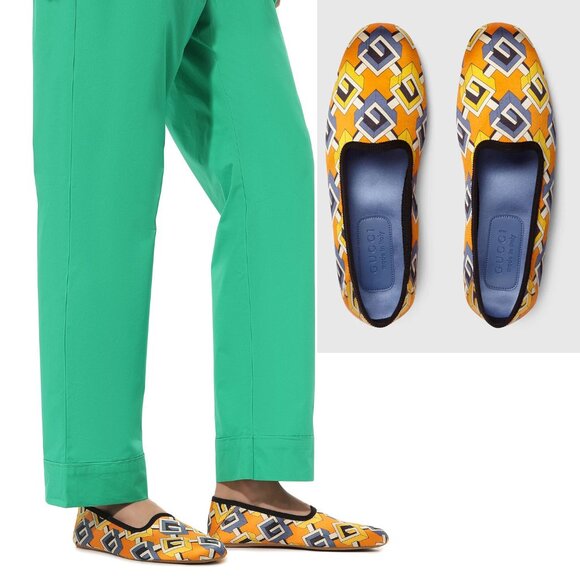 GUCCI SHOES GEOMETRIC G LOGO ORANGE BLUE WHITE SATIN SLIPPER sz 37 7 US - Picture 1 of 16